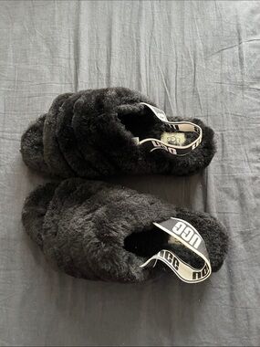 UGG Black Fuzzy Slide Sandals with Branded Back Strap